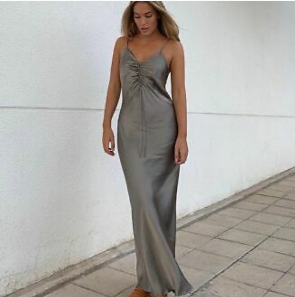 Zara Maxi Slip Dress Silver Gray Taupe Camisole Satin Gathered Spaghetti Strap S